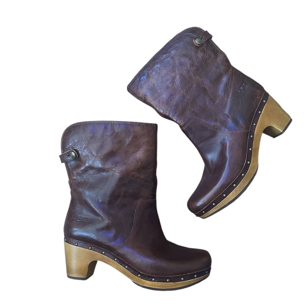 UGG Australia Brown Lynnea 1958 Shearling Clog Boots Wood Heel Sz 9‎